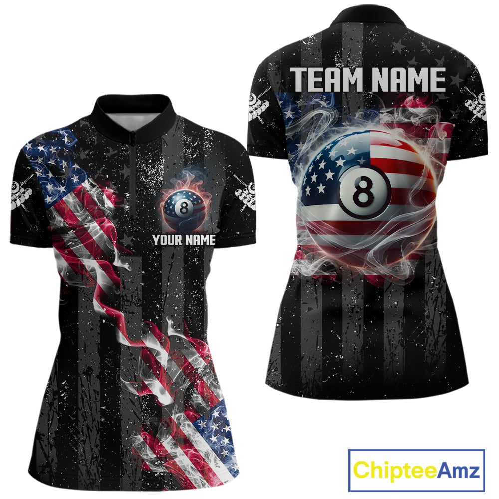 Custom US Flag Smoke 8 Ball Pool Billiard Shirt For Women, 3D Patriotic Billiard Team Jersey TDM5692