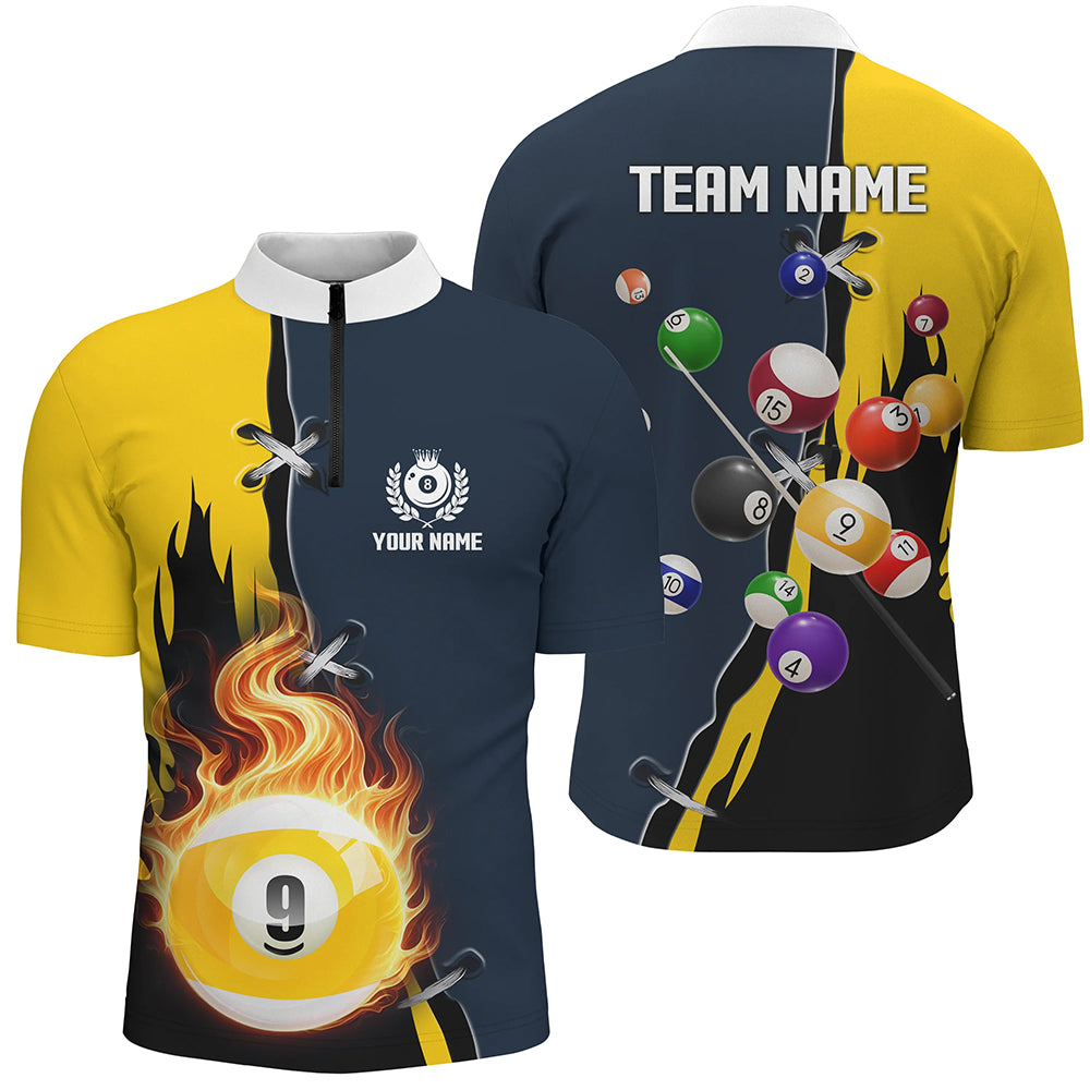 Custom Yellow Navy 9 Ball Pool Jerseys Men Quarter-Zip Shirts Unique Billiard Balls Shirts TDM1081