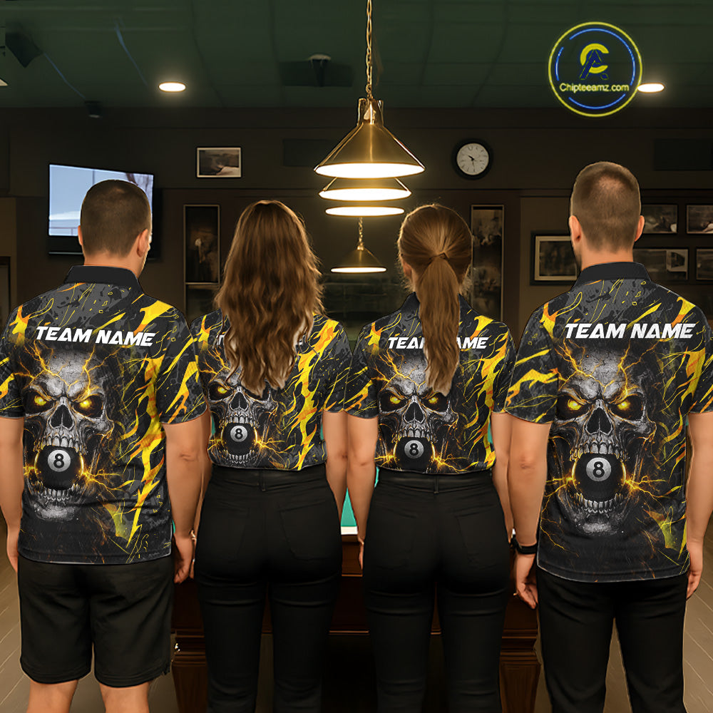 Yellow Black 8 Ball Skull Lightning Splash Billiard Shirt For Men Custom Pool Jersey Polo, 1/4 Zip TDM5892