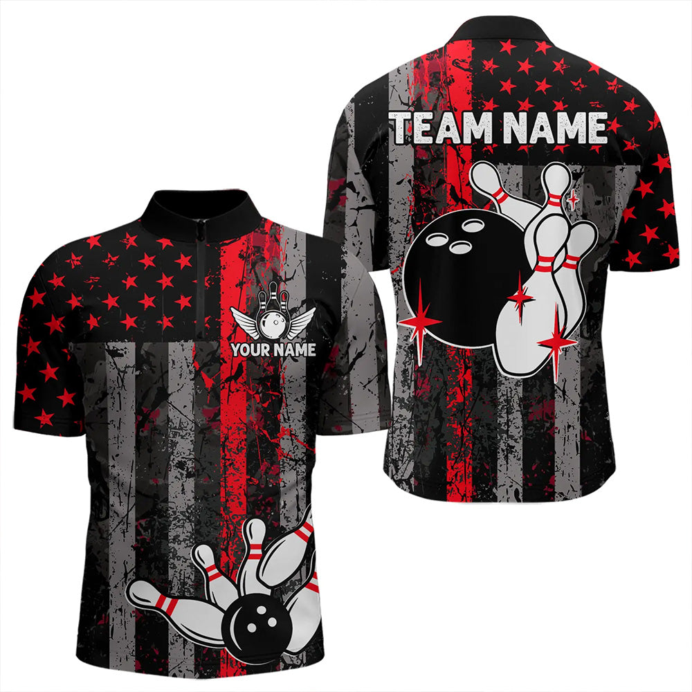 Red And Black Grunge American Flag Patriotic Bowling Shirts For Men Custom Bowling Team Jerseys TDM3696