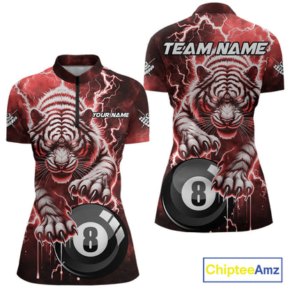 Red 8 Ball Thunder Lightning Tiger Billiard Shirt For Women Custom Pool Team Jersey Polo, 1/4 Zip TDM6037