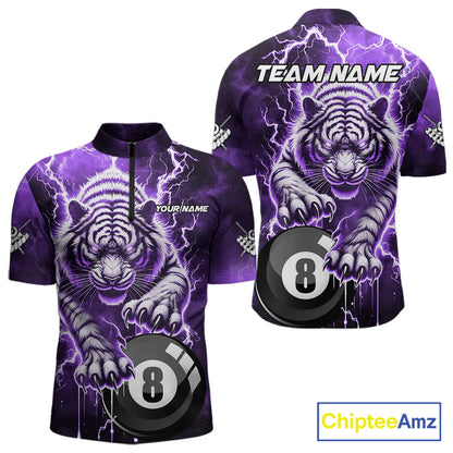 Purple 8 Ball Thunder Lightning Tiger Billiard Shirt For Men Custom Pool Team Jersey Polo, 1/4 Zip TDM6038