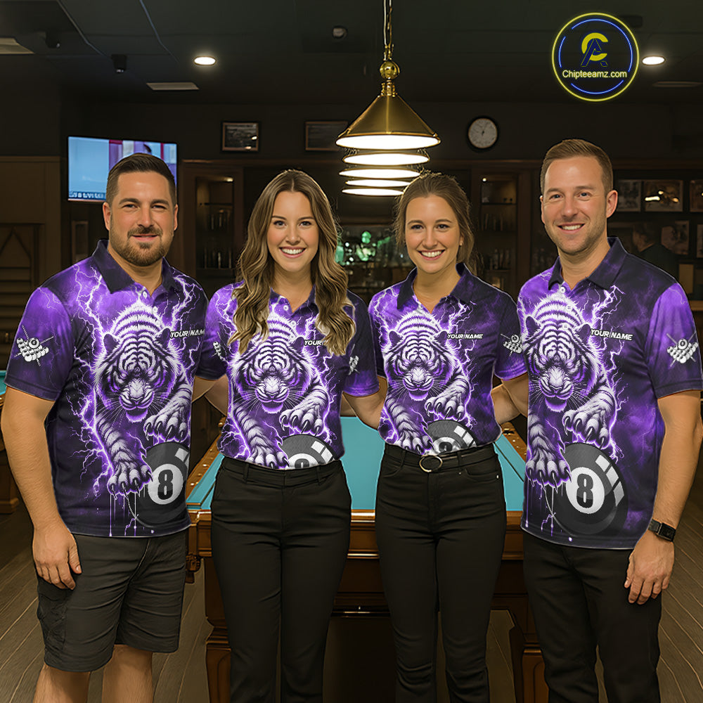 Purple 8 Ball Thunder Lightning Tiger Billiard Shirt For Men Custom Pool Team Jersey Polo, 1/4 Zip TDM6038