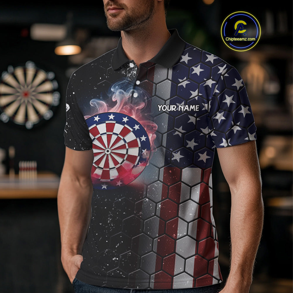 American Flag Smoke Dartboard Hexagon Grunge Dart Shirts For Men Custom Team Patriotic Dart Jersey TDM3868