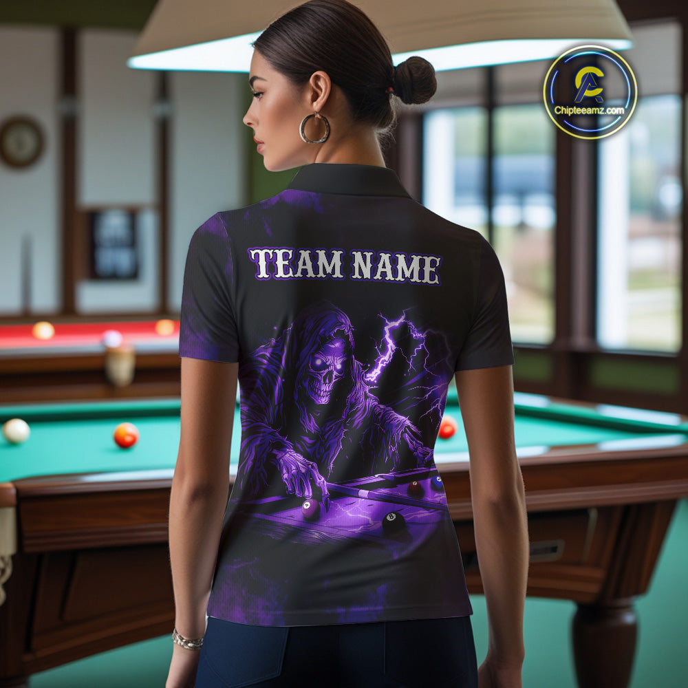 Personalized Purple Smoke Skull Billiard Shirts For Women Custom Grim Reaper Billiard Jerseys TDM3870