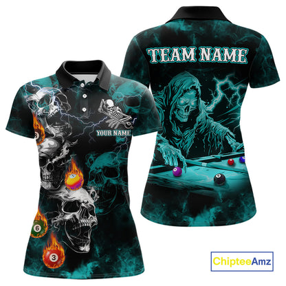 Personalized Turquoise Smoke Skull Billiard Shirts For Women Custom Grim Reaper Billiard Jerseys TDM3871