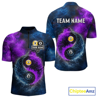 Custom Blue Purple Water Fire Billiard Shirt For Men, 8 Ball & 9 Ball Pool Jersey Polo & 1/4 Zip TDM6298