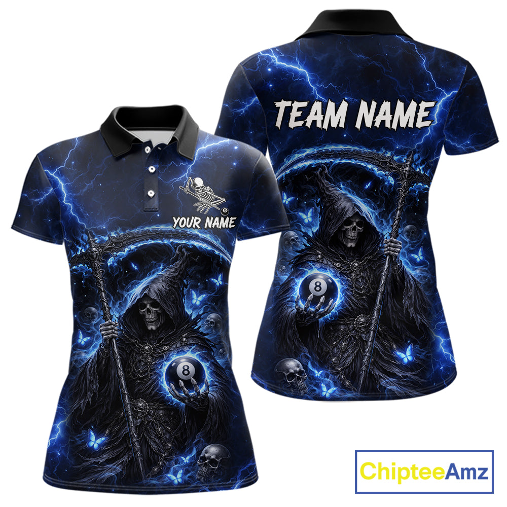 Blue 8 Ball Pool Grim Reaper Billiard Shirt For Women Custom Billiard Team Jersey Polo & 1/4 Zip TDM6300