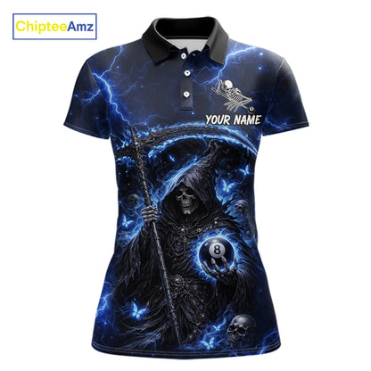 Blue 8 Ball Pool Grim Reaper Billiard Shirt For Women Custom Billiard Team Jersey Polo & 1/4 Zip TDM6300