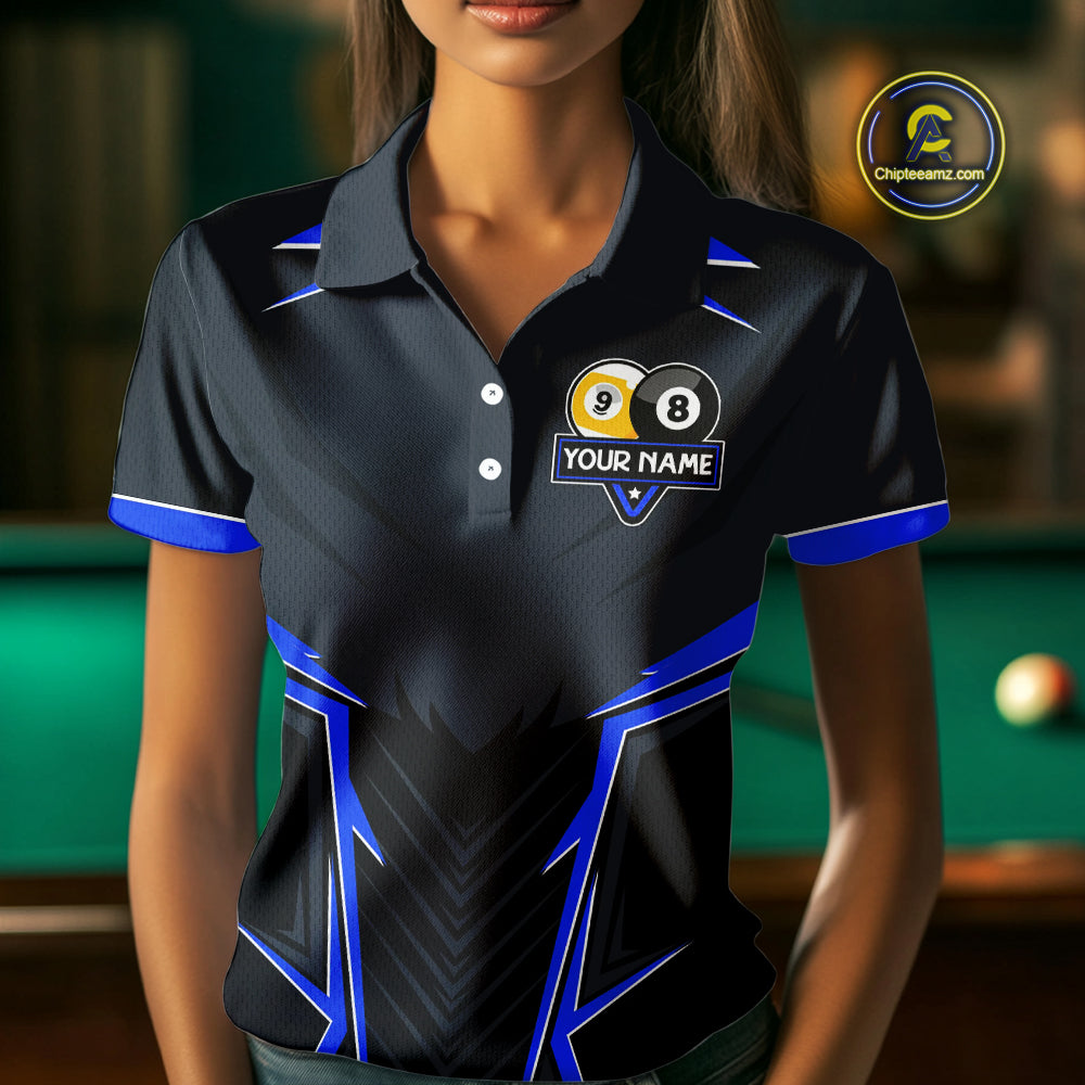 Billiard Jersey For Women Custom Polo & 1/4 Zip Billiard Team Shirt, 8 Ball & 9 Ball Pool Shirt|Blue TDM4329