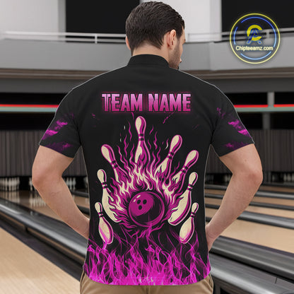 Pink Flaming American Flag Skull Bowling Shirt For Men Custom Fire Bowling Team Jersey TDM4751