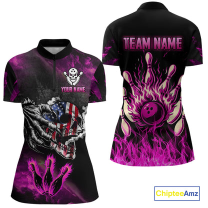 Pink Flaming American Flag Skull Bowling Shirt For Women Custom Fire Bowling Team Jersey TDM4751