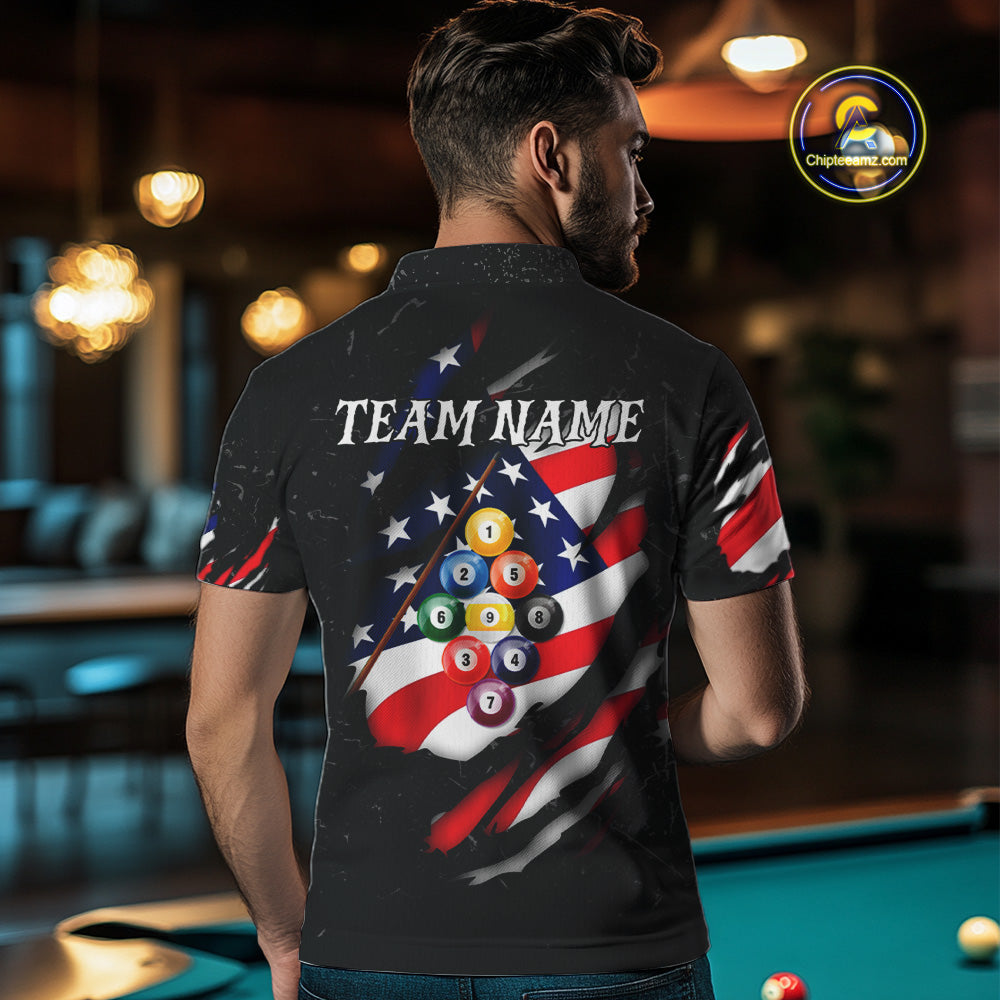 Personalized Patriotic 9 Ball Billiard Shirt For Men Custom Black Grunge American Flag Pool Jersey TDM4758