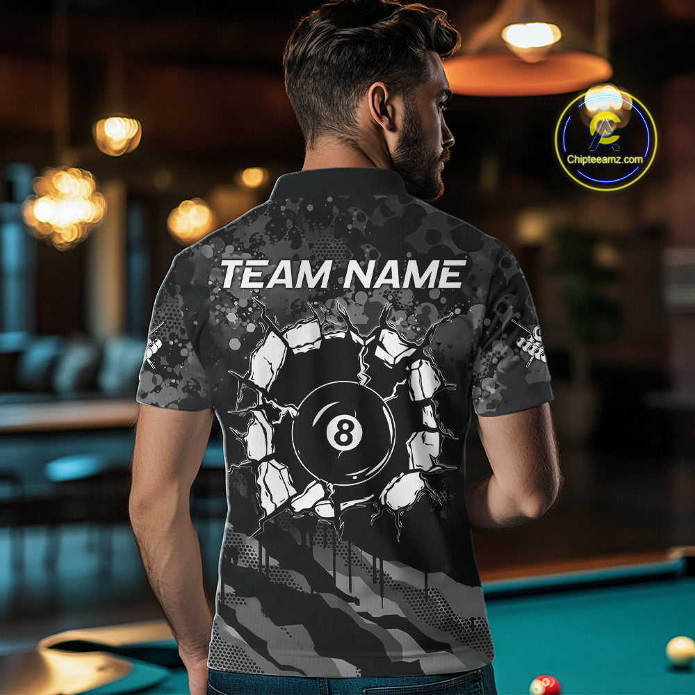 Personalized Grunge Camo Billiard Shirts For Men, 8 Ball Pool Team Jersey Polo & 1/4 Zip TDM5903