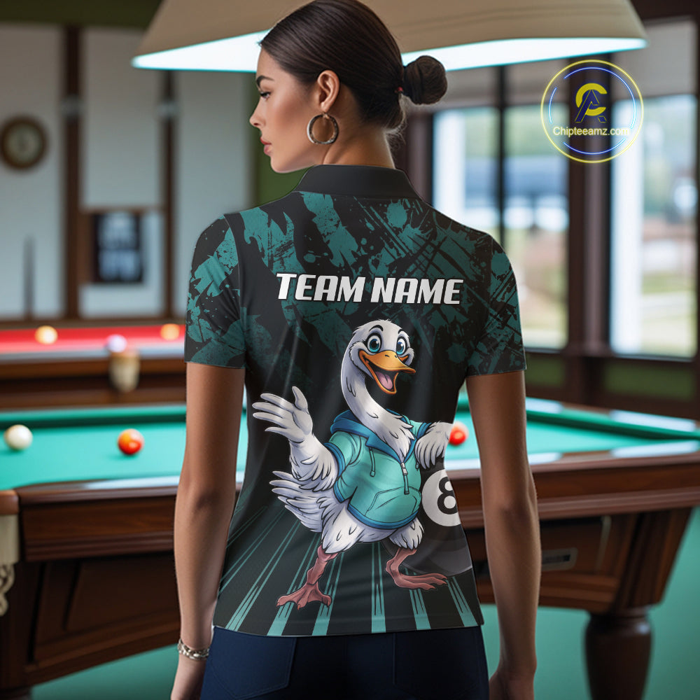 Black And Teal Grunge 8 Ball Pool Billiard Shirt For Women Custom Funny Duck Pool Team Jersey NYN3012