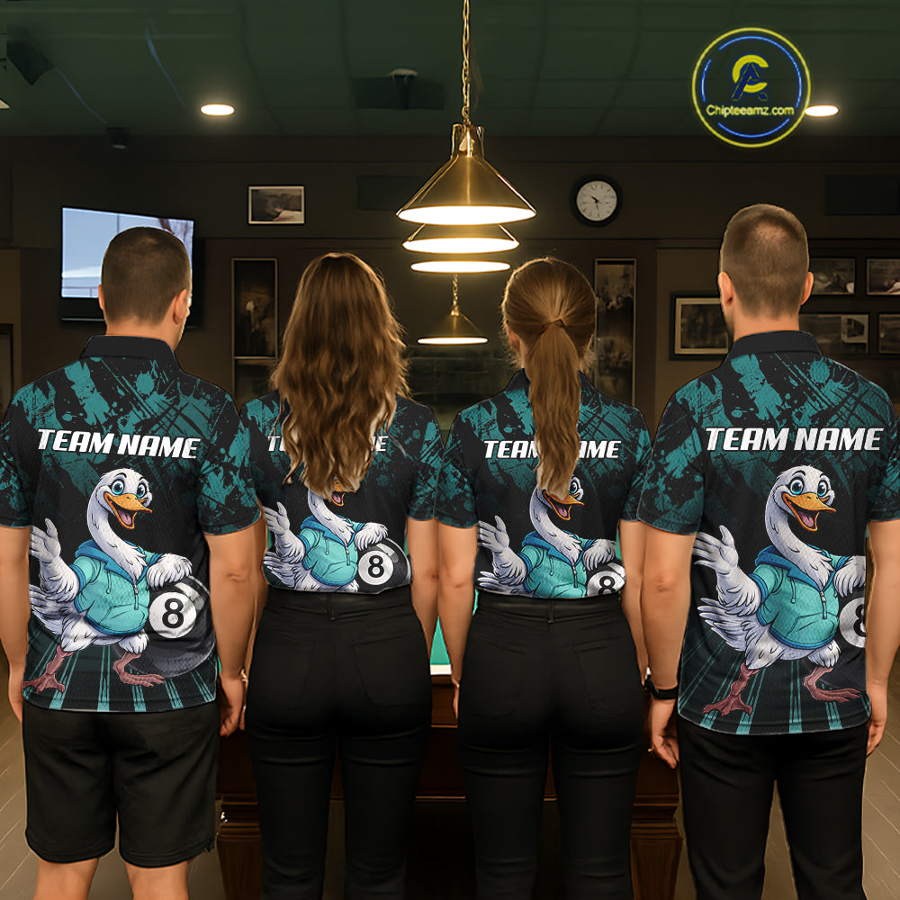 Black And Teal Grunge 8 Ball Pool Billiard Shirt For Women Custom Funny Duck Pool Team Jersey NYN3012