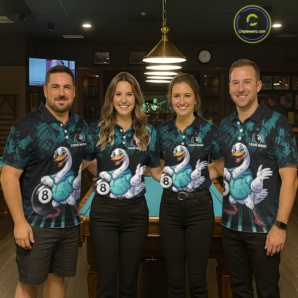 Black And Teal Grunge 8 Ball Pool Billiard Shirt For Women Custom Funny Duck Pool Team Jersey NYN3012