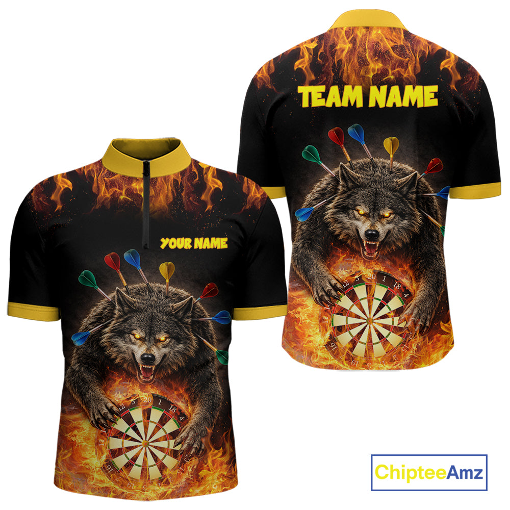 Personalized Fire Flame Wolf Darts Shirt For Men Custom Darts Jersey Team Polo & Quarter Zip TDM6314