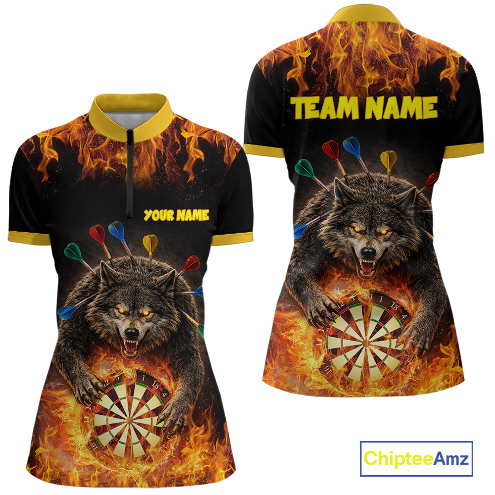 Personalized Fire Flame Wolf Darts Shirt For Women Custom Darts Jersey Team Polo & Quarter Zip TDM6314