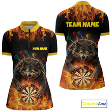 Load image into Gallery viewer, Personalized Fire Flame Wolf Darts Shirt For Women Custom Darts Jersey Team Polo &amp; Quarter Zip TDM6314