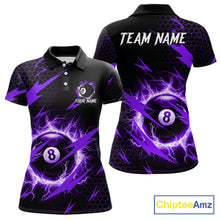 Load image into Gallery viewer, Purple 8 ball thunder lightning billiard polo shirt for women with custom team graphics.