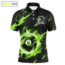 Load image into Gallery viewer, Green 8 ball thunder lightning billiard polo shirt for men with custom team graphics.