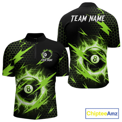 Green 8 ball thunder lightning billiard quarter zip shirt for men designed for league tournaments and team events.