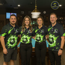 Load image into Gallery viewer, Pool team wearing matching green 8 ball thunder lightning billiard jerseys during league matches front view.
