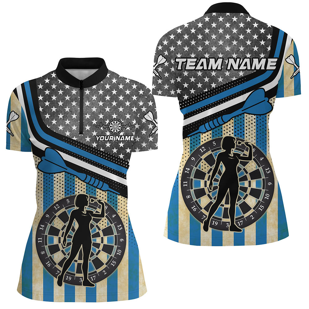 Personalized Blue Retro American Flag Darts Shirts For Women Custom Patriotic Darts Player Jerseys TDM1992