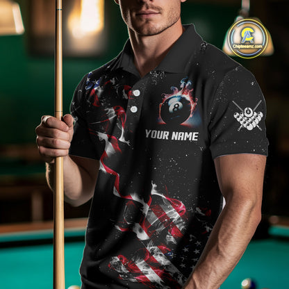 Customized Grunge US Flag Smoke Billiard Polo & 1/4 Zip For Men, Patriotic 8 Ball Pool Team Jersey TDM4546