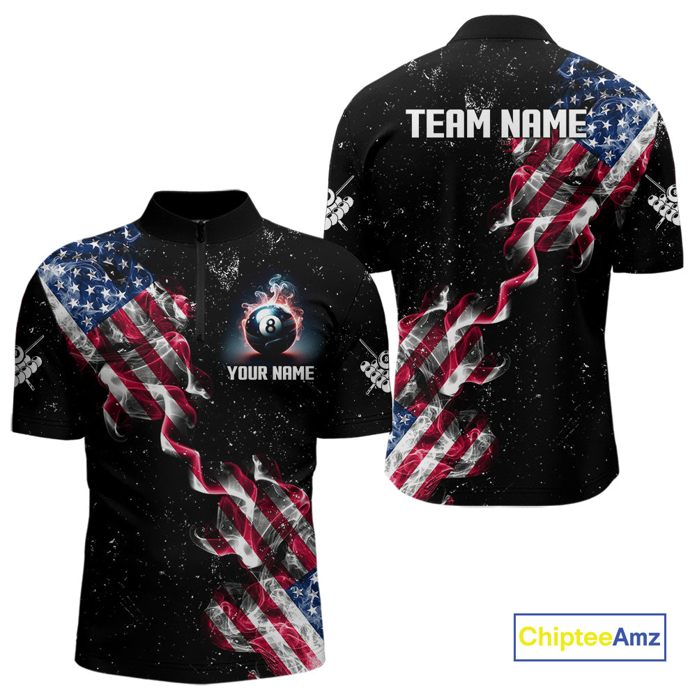 Customized Grunge US Flag Smoke Billiard Polo & 1/4 Zip For Men, Patriotic 8 Ball Pool Team Jersey TDM4546