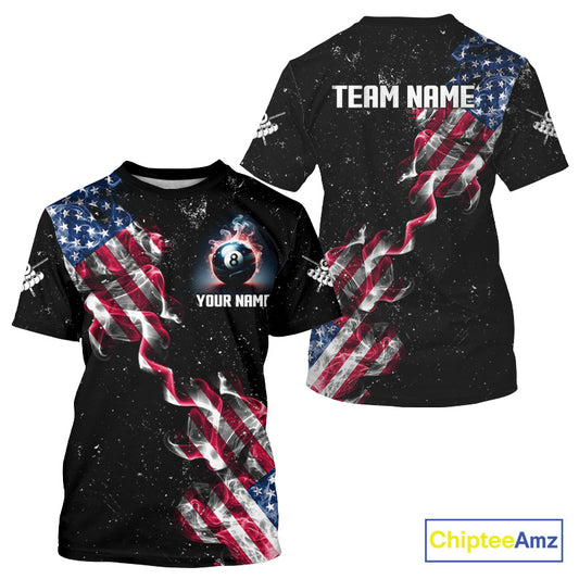 Customized Grunge US Flag Smoke Billiard T-Shirt For Men Custom Patriotic 8 Ball Pool Team Jersey TDM4546