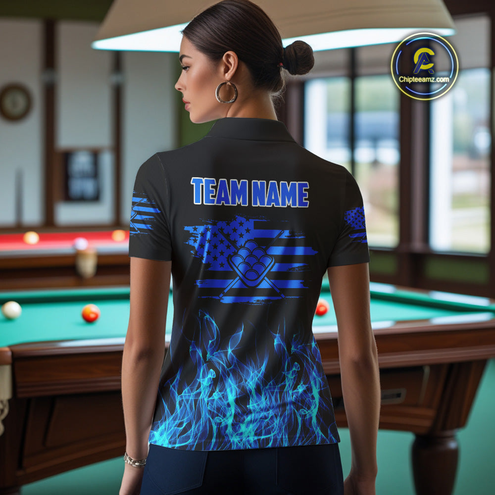 Blue Flaming US Flag 9 Ball Billiard Shirt For Women Custom Patriotic Pool Player Team Jersey TDM4547