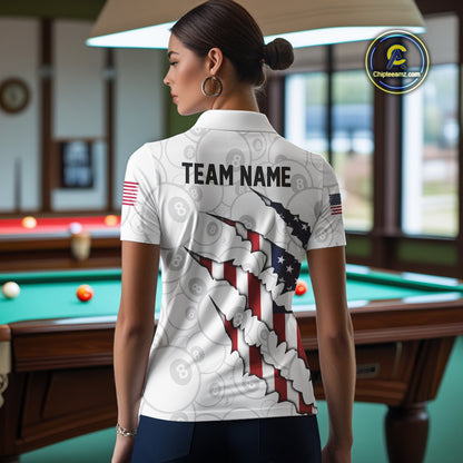 Personalized American Flag 8 Ball Polo & Quarter Zip Shirt For Women, Patriotic Pool Team Jersey TDM4551
