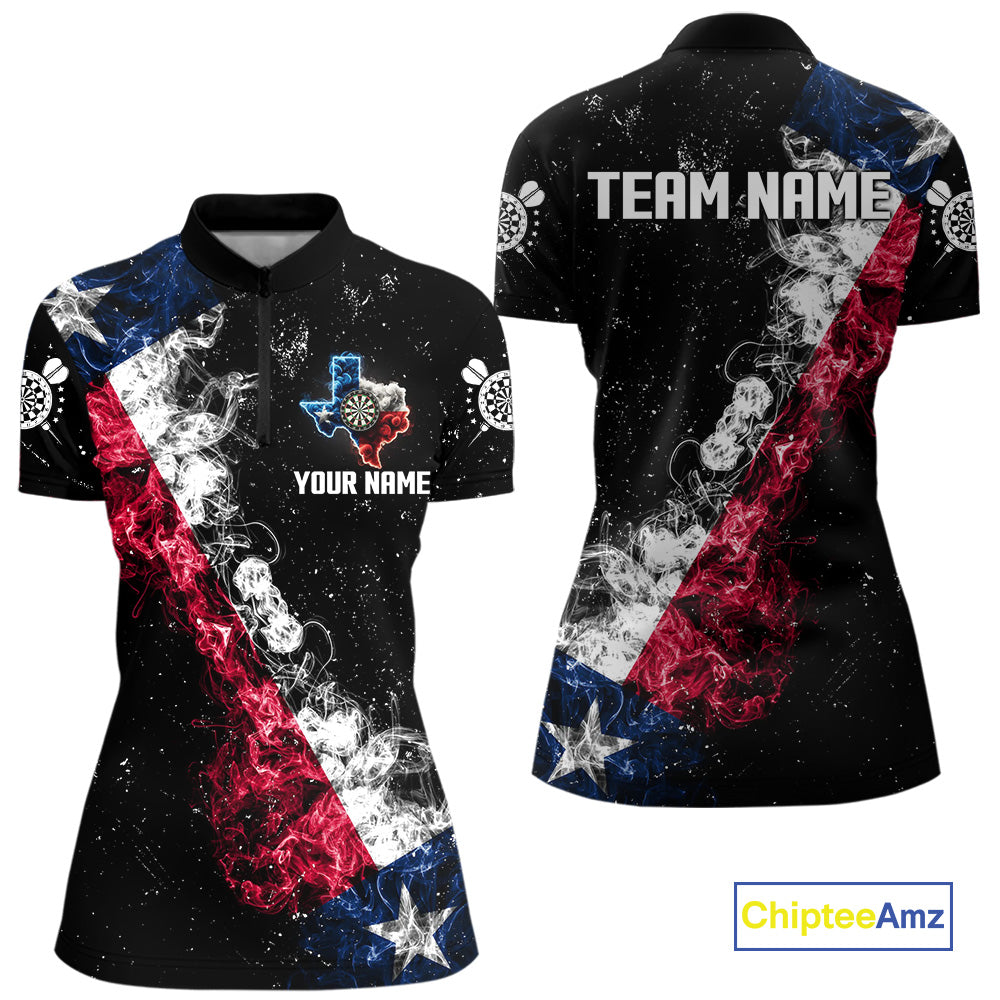 Personalized Black Grunge Texas Flag Smoke Darts Shirt For Women, Patriotic Team Dart Jerseys TDM5178