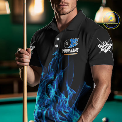 Blue Flaming 8 Ball Billiard Polo & 1/4 Zip For Men Custom Billiard Jersey, Pool Team Shirts TDM5431