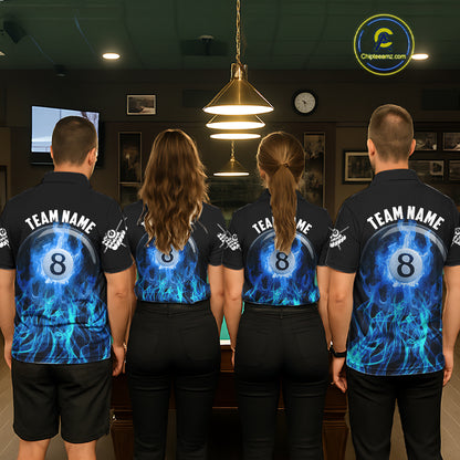 Blue Flaming 8 Ball Billiard Polo & 1/4 Zip For Men Custom Billiard Jersey, Pool Team Shirts TDM5431