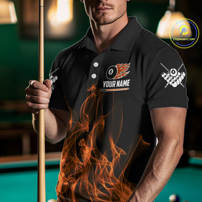 Orange Flaming 8 Ball Billiard Polo & 1/4 Zip For Men Custom Billiard Jersey, Pool Team Shirts TDM5432