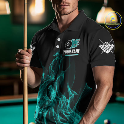 Turquoise Flaming 8 Ball Billiard Polo & 1/4 Zip For Men Custom Billiard Jersey, Pool Team Shirts TDM5433