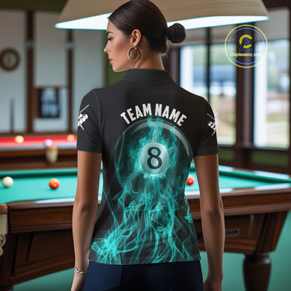 Turquoise Flaming 8 Ball Billiard Polo & 1/4 Zip For Women Custom Billiard Jersey, Pool Team Shirts TDM5433