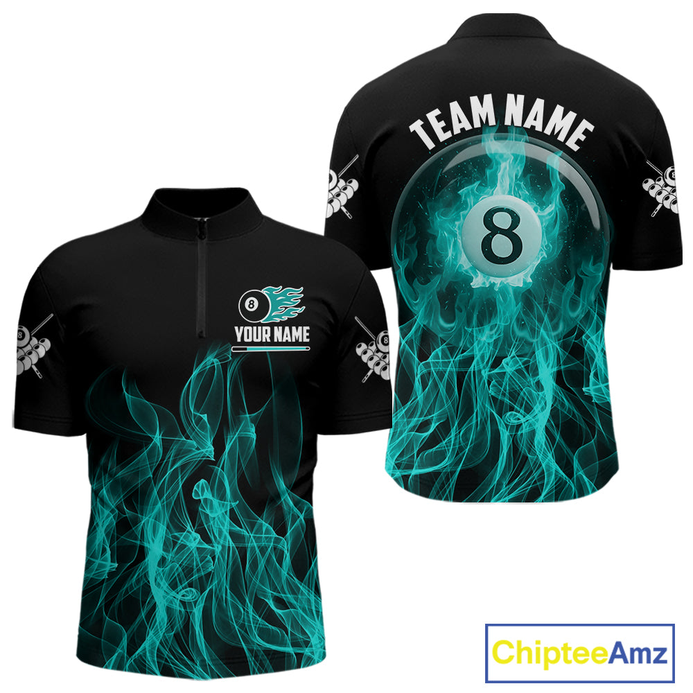 Turquoise Flaming 8 Ball Billiard Polo & 1/4 Zip For Men Custom Billiard Jersey, Pool Team Shirts TDM5433