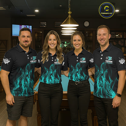 Turquoise Flaming 8 Ball Billiard Polo & 1/4 Zip For Women Custom Billiard Jersey, Pool Team Shirts TDM5433