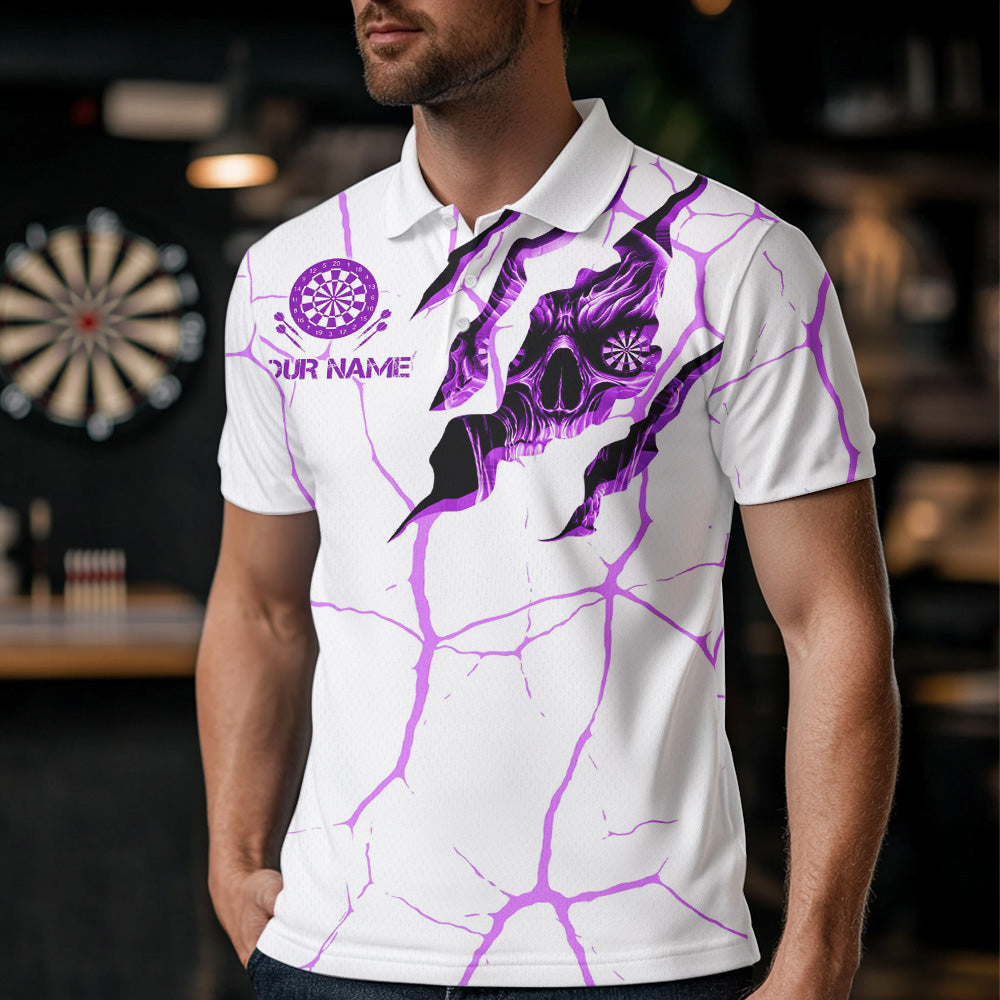 Personalized Skull White Purple Grunge Darts Polo & Quarter-Zip For Men Custom Dart Team Jerseys TDM3704