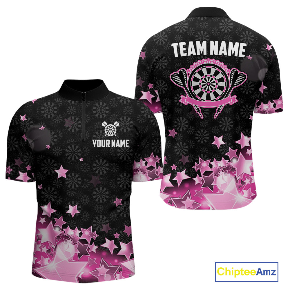 Funny Custom Dart Shirt For Men, Pink Black Glowing Star Pattern Darts Polo & Quarter Zip TDM3885