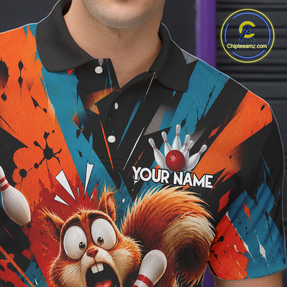 Colorful Graffiti Funny Squirrel Bowling Polo, 1/4 Zip Shirts For Men Custom Bowling Team Jersey TDM6489