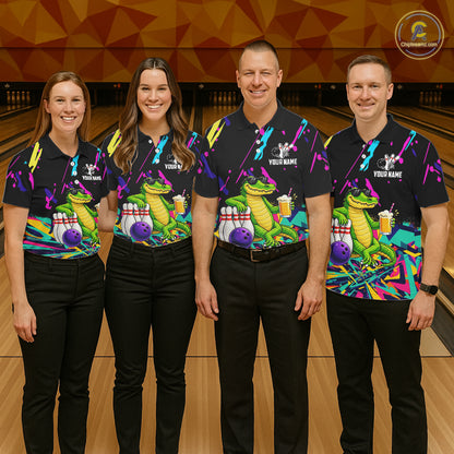 Colorful Bowling Jersey Funny Alligator Bowling Polo & 1/4 Zip For Women Custom Bowling Team Shirts TDM6491