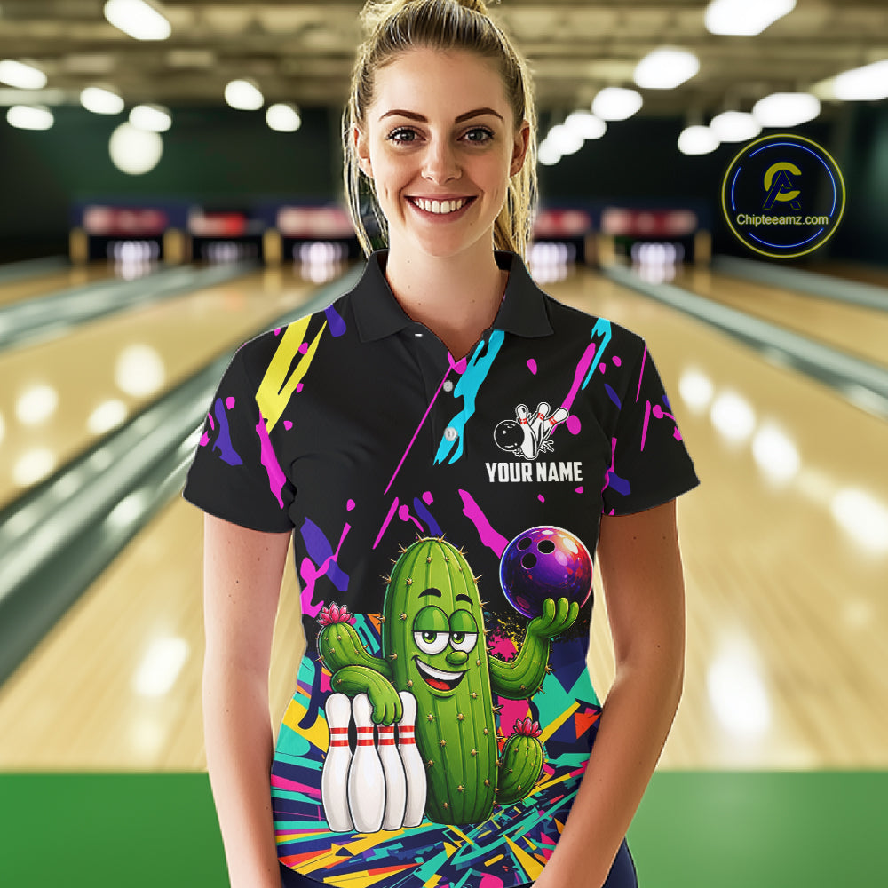 Colorful Bowling Jersey Funny Cactus Bowling Polo & 1/4 Zip For Women Custom Bowling Team Shirts TDM6492