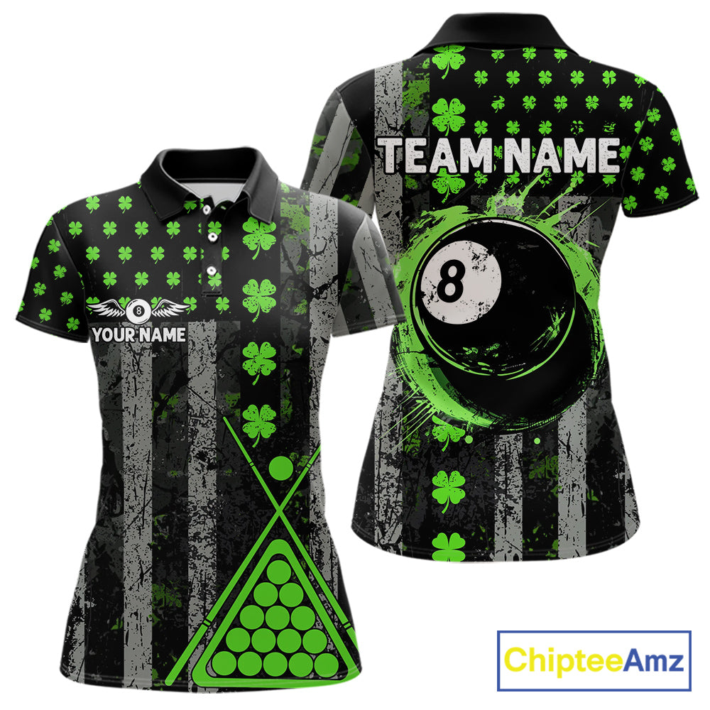Green Grunge US Flag Luckiest Shamrock Billiard Shirt For Women Custom St Patrick Day Pool Jersey TDM5710