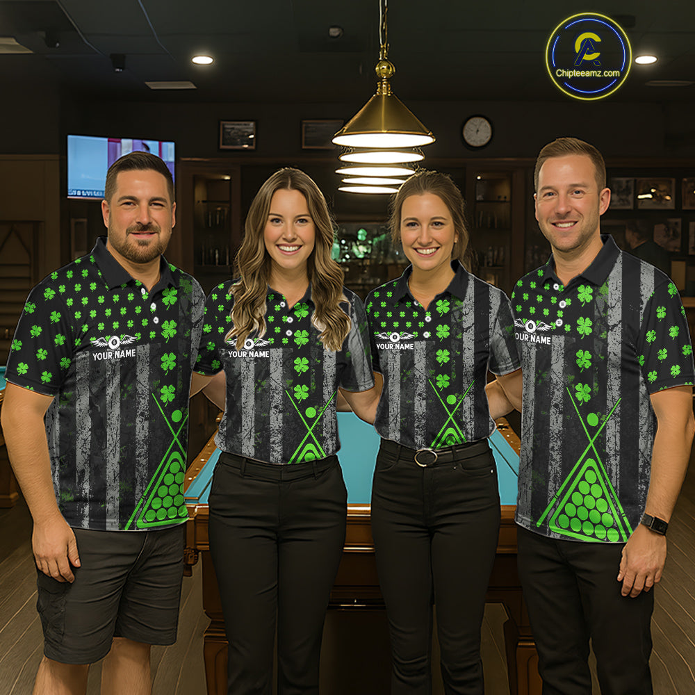 Green Grunge US Flag Luckiest Shamrock Billiard Shirt For Men Custom St Patrick Day Pool Jersey TDM5710