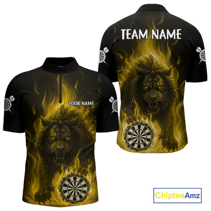Yellow Flaming Lion Darts Shirts For Men Custom Fire Darts League Jersey Team Polo & 1/4 Zip TDM6066